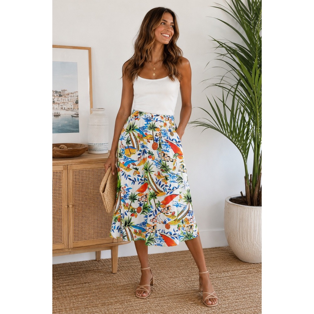 St Johns Bay Tropic Scenic Midi Skirt Petite Large NWT Tropical Palm Pineapple